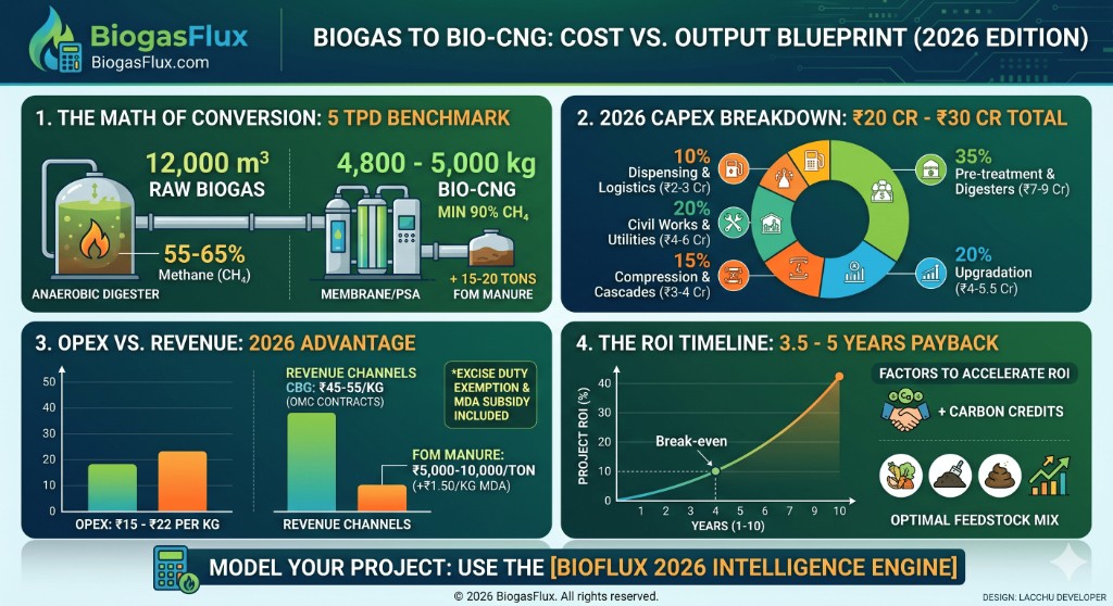 Biogas upgradation system cost breakdown and Bio-CNG ROI infographic (2026) Biogas upgradation system cost breakdown — 2026 capex by component, membrane/PSA conversion flow, and Bio-CNG plant economics infographic