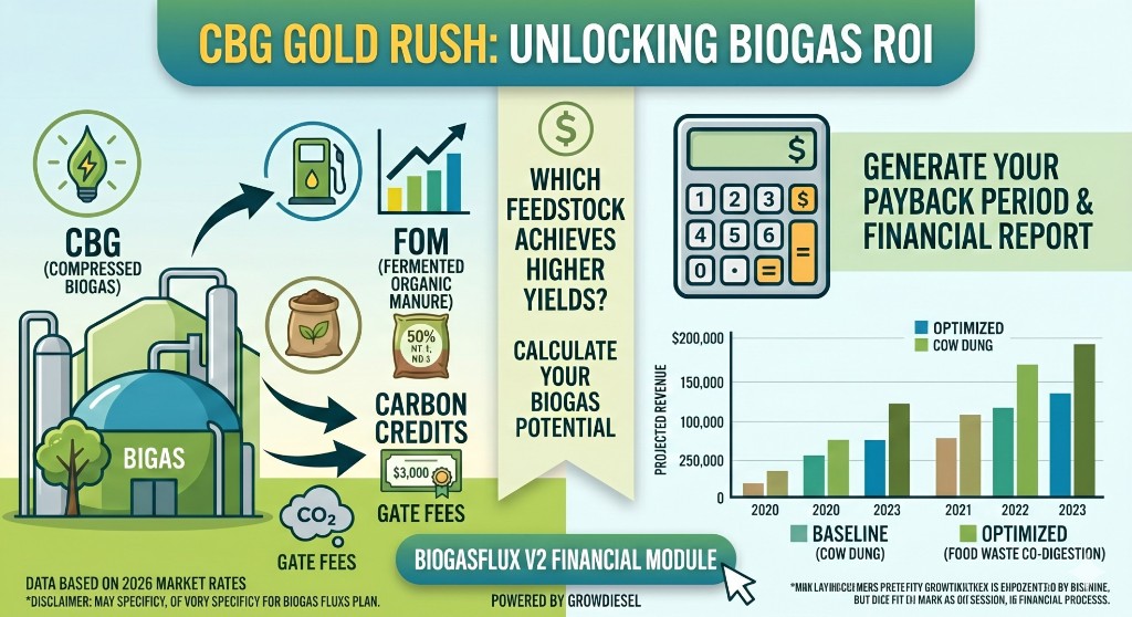 CBG ROI Drivers and Payback Model Biogas ROI visual showing CBG, FOM, carbon credits, and payback period financial model factors