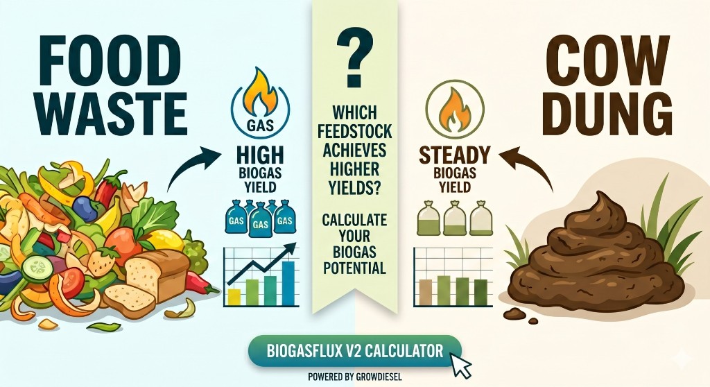 Feedstock Yield Comparison: Food Waste vs Cow Dung Infographic showing food waste high biogas yield compared with steady cow dung yield for feedstock planning